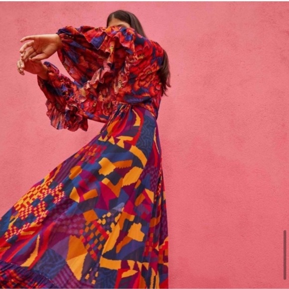 FARM Rio Red Blue Abstract Patches Maxi Dress - Picture 4 of 12